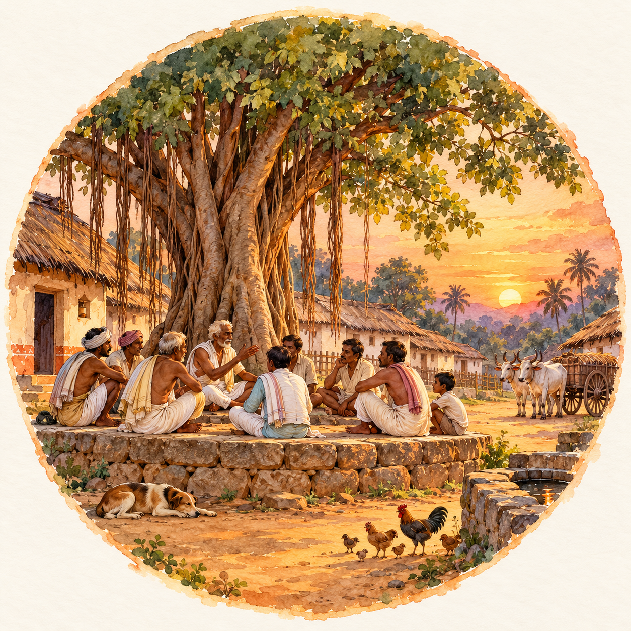 రచ్చబండ: a warm village gathering beneath a banyan tree at sunset